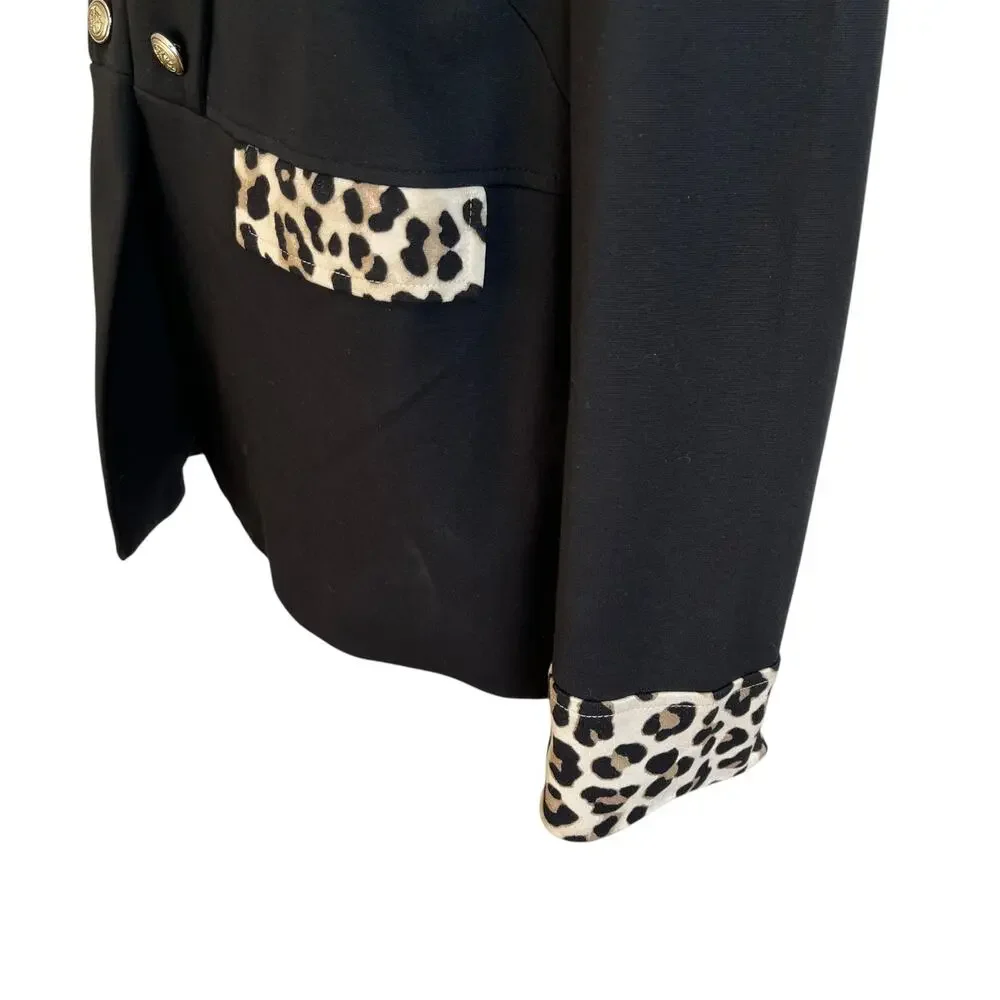 Chico's Jacket Women's 2P Large Petite Black Leopard Trim Military Open Lined