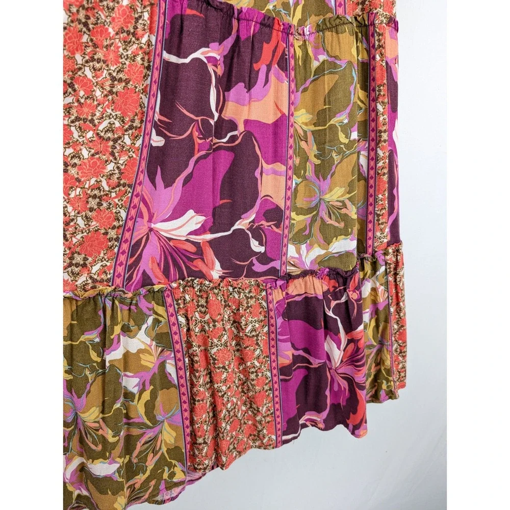 Floral Patchwork Smocked Maxi Skirt Purple Pink Cottagecore Priaire Hippie Boho