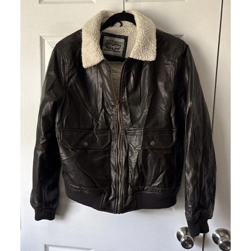 Womens Levis Brown Bomber Jacket Faux Leather Sherpa Lined Size Medium