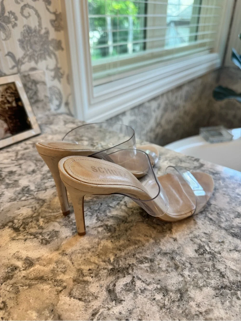 SCHUTZ Clear Strap Nude Leather Mule Heels
