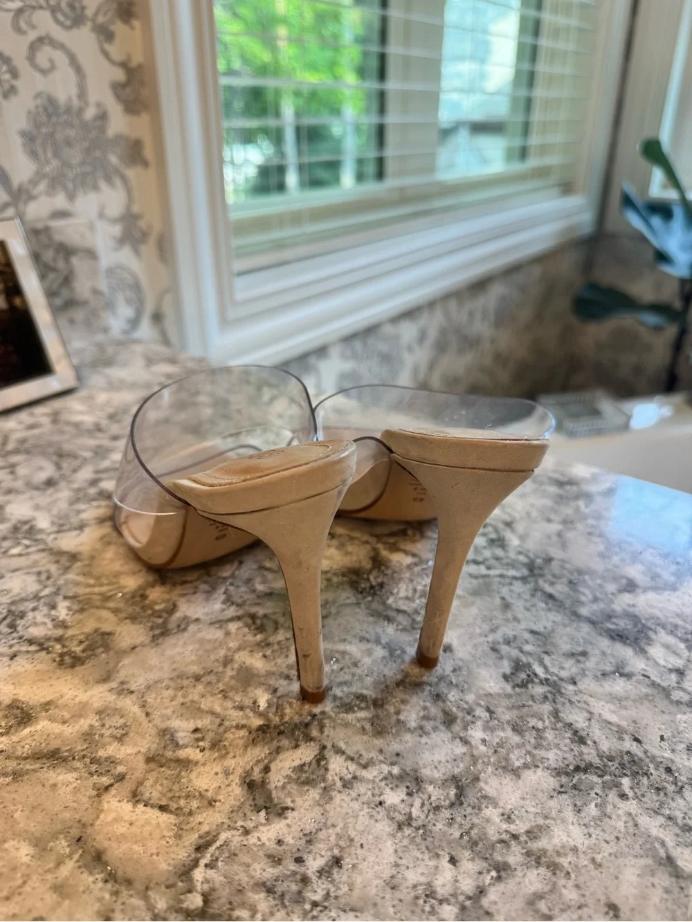 SCHUTZ Clear Strap Nude Leather Mule Heels