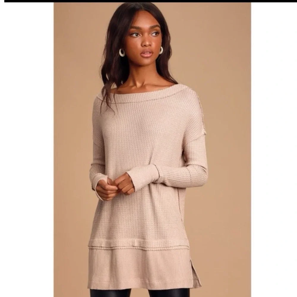 We The Free Free People North Shore Thermal Knit Tunic Taupe Mauve Large