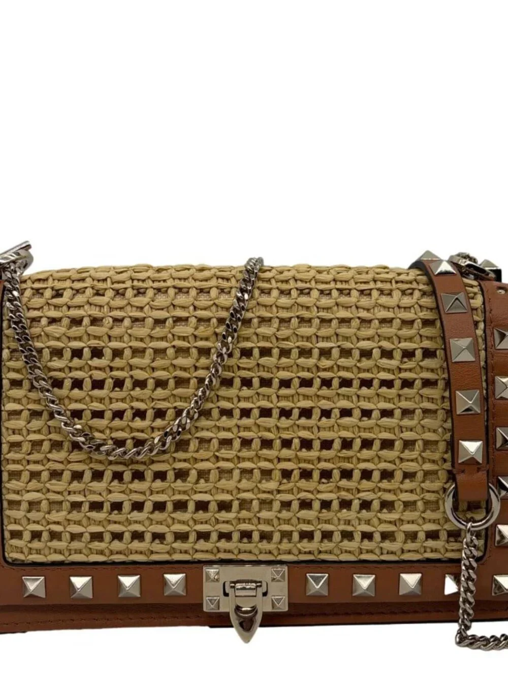 Valentino  Garavani Rockstud Raffia Wallet On Chain Crossbody Bag Tan