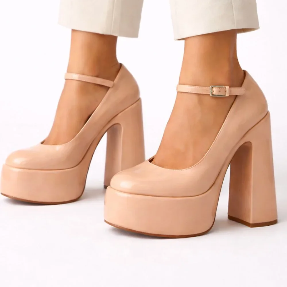 Schutz Zayne Patent Platform Mary Jane Pumps New Peach Nude Chunky Heel 70s Glam