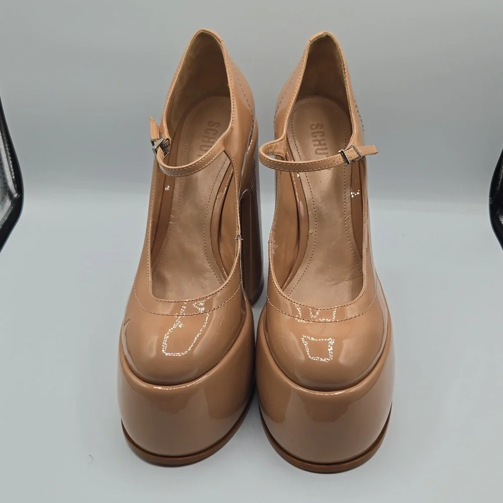 Schutz Zayne Patent Platform Mary Jane Pumps New Peach Nude Chunky Heel 70s Glam