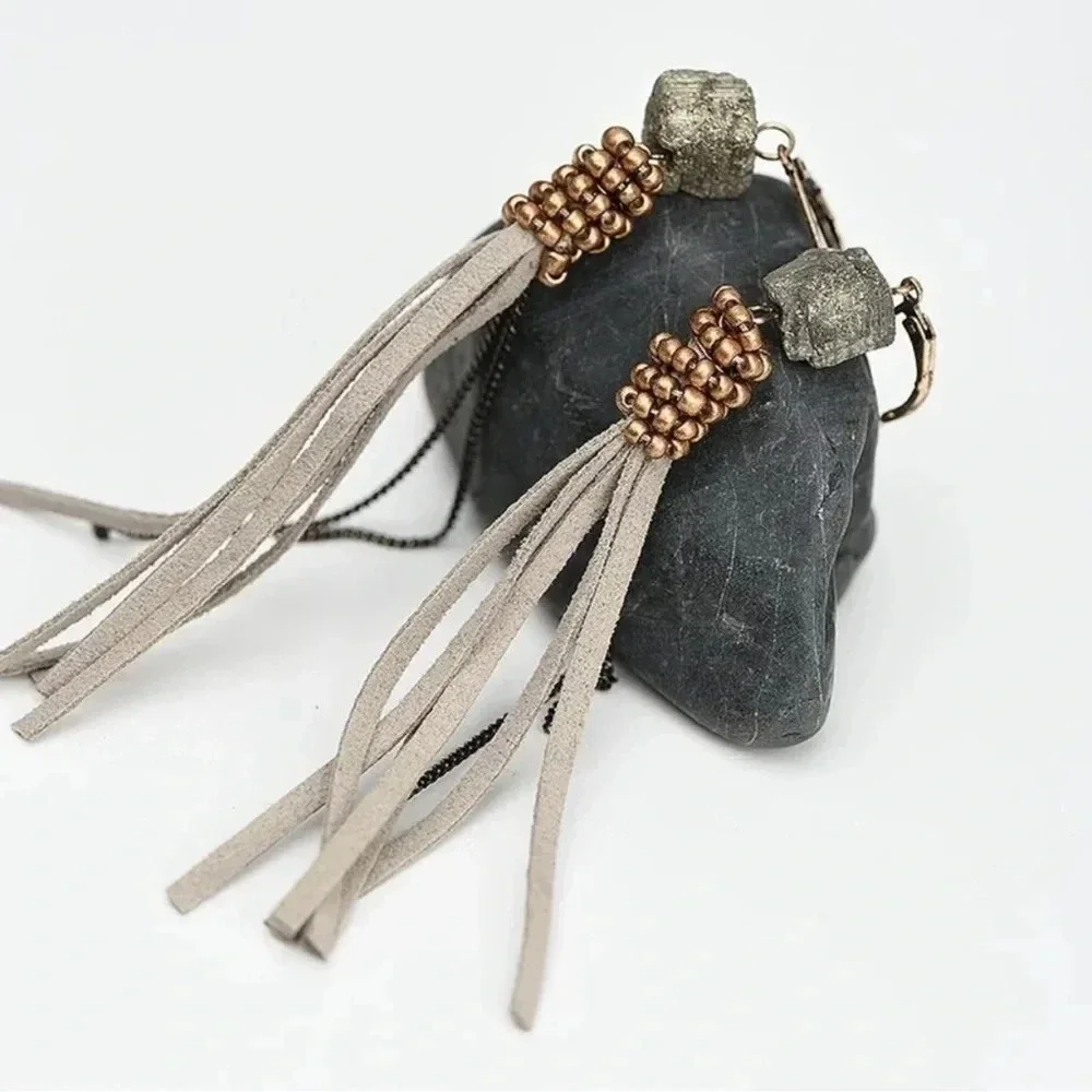 1 LEFT! Hematite Nugget Leather Fringe Earrings
