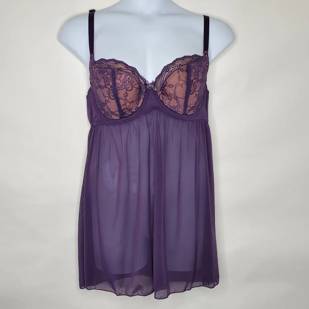 Adore Me Ella Sheer Lace Babydoll Top Size‎ 42C Purple Lined Cups Lingerie Layer