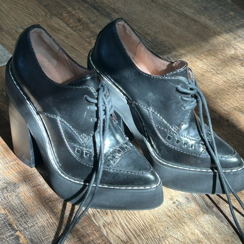 Jeffrey Campbell Black Leather Platform Lace-Up Heels