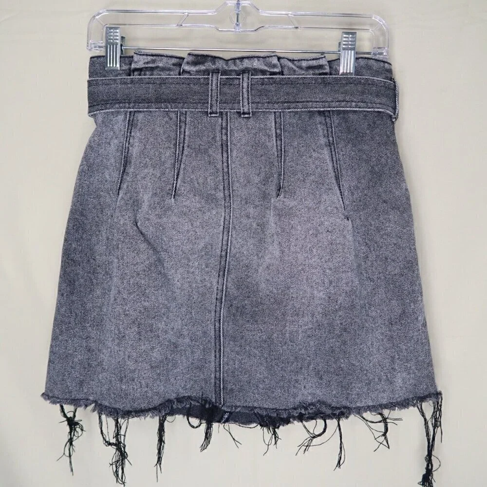 FP We The Free Belted Denim Skirt Grey Black Mini Raw Hem Boho Women's Size 27