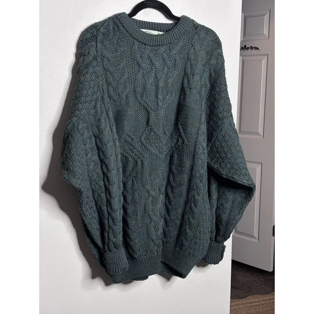 Aran Crafts Sweater Mens XXL Green Wool Cable Knit Crewneck Ireland Heavyweight