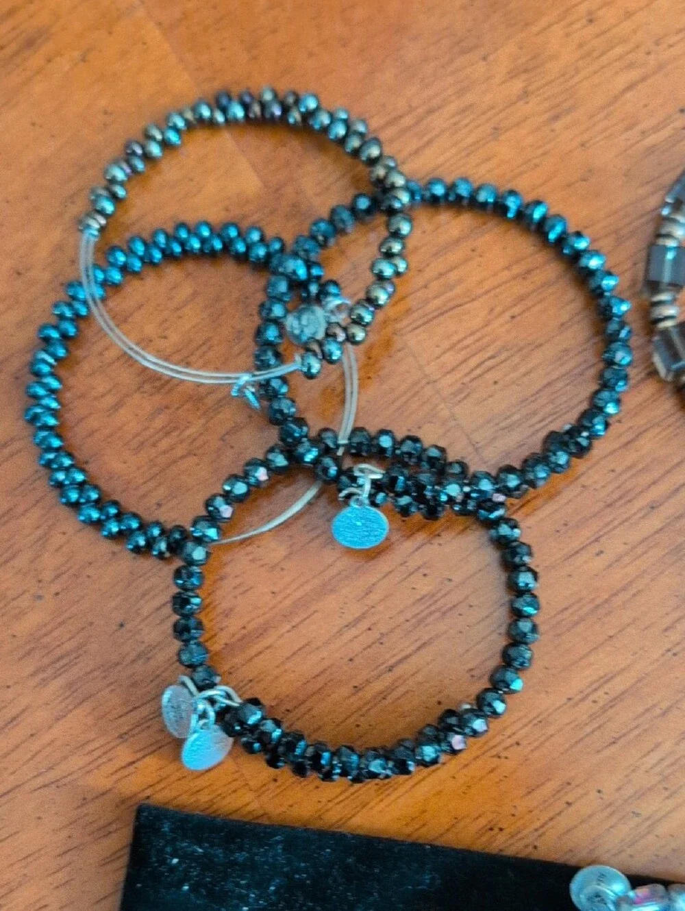 Set of Beaded Stretch Bangle Bracelets - Teal, Gunmetal, Iridescent