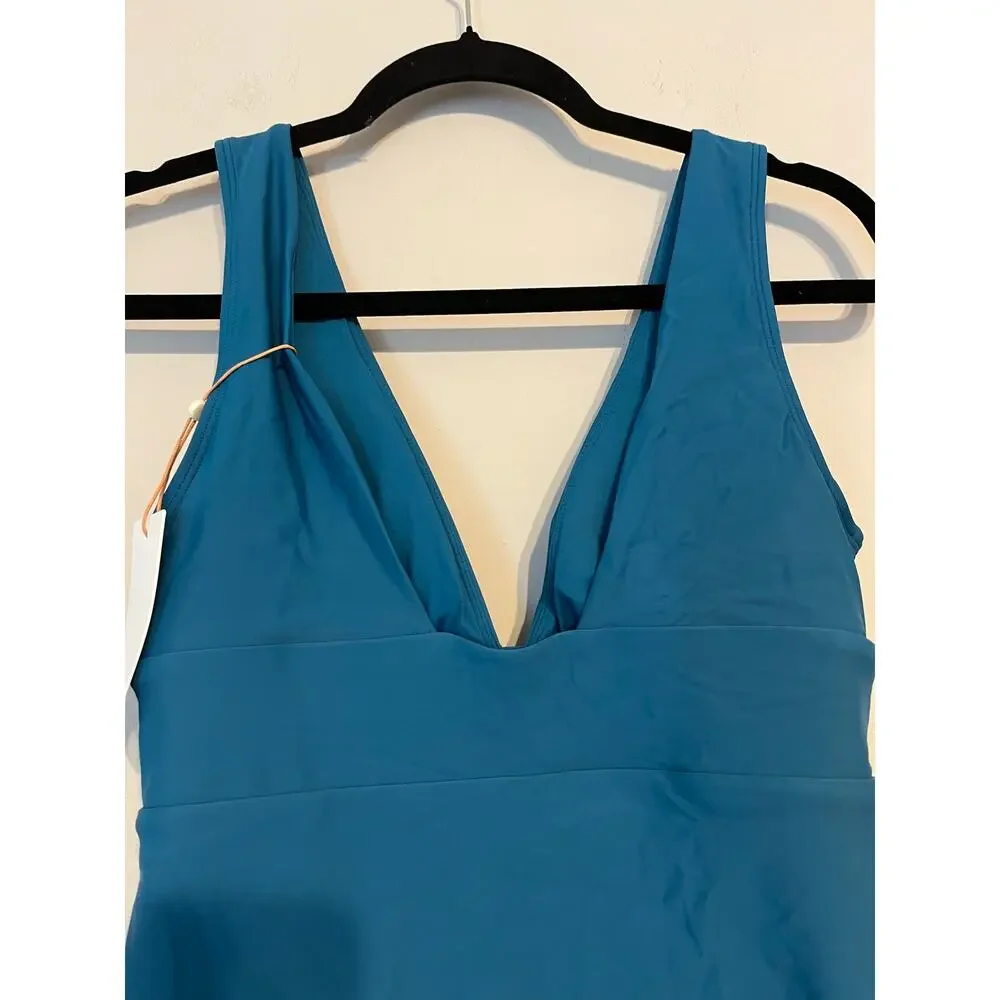 Quince Italian Plunge One-Piece Swimsuit in Deep Lagoon Teal Size M NWT!