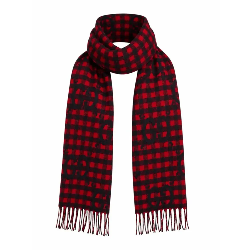 Gucci Diamcheck GG Logo Monogram Wool Jacquard Scarf Red Black 94