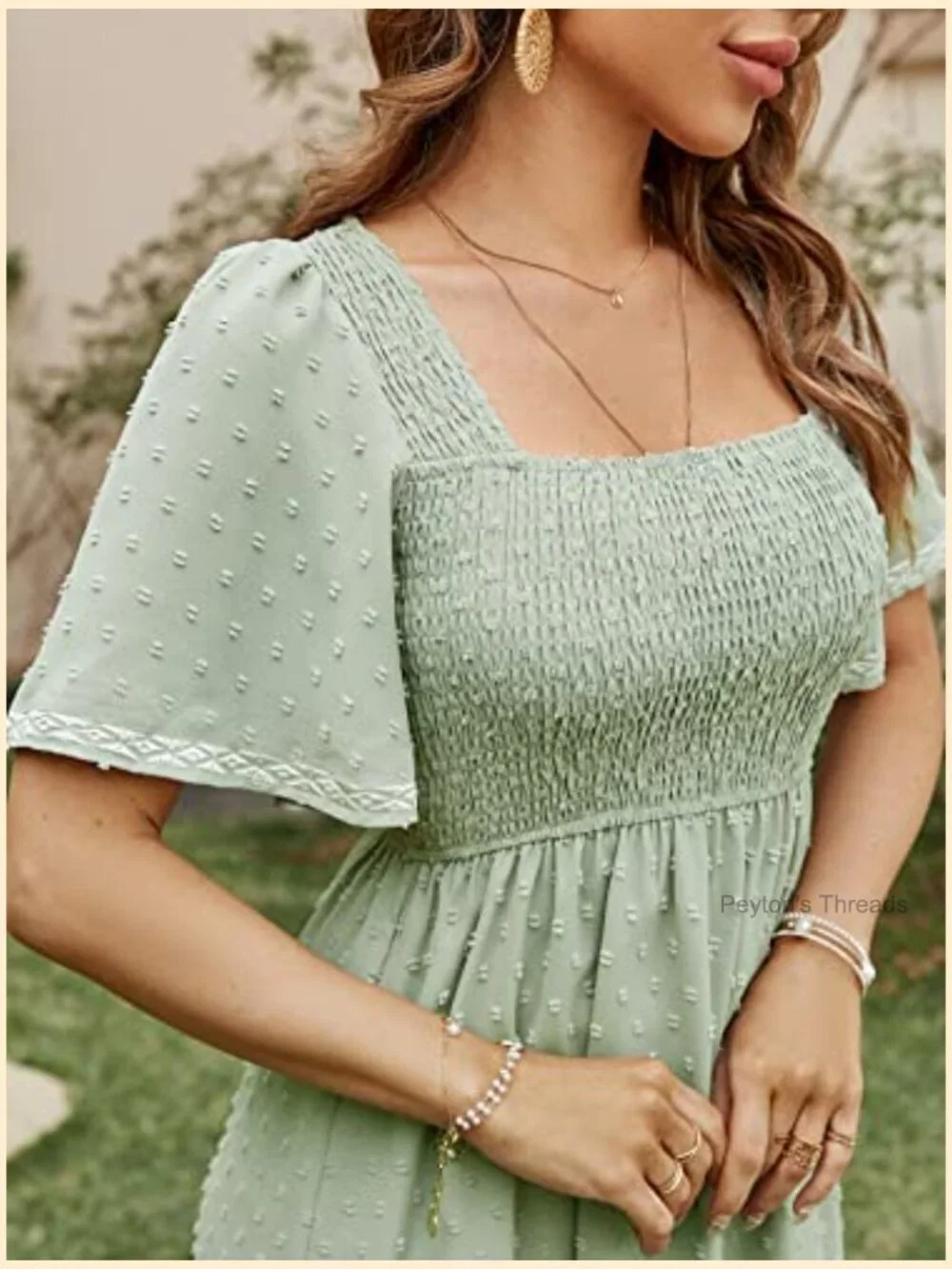 Short Sleeve Smocked Square Neck A Line Flowy Maxi Dress