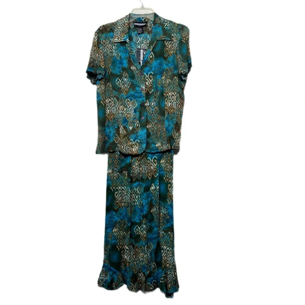 Vintage Requirements Teal & Brown Geometric Skirt Set