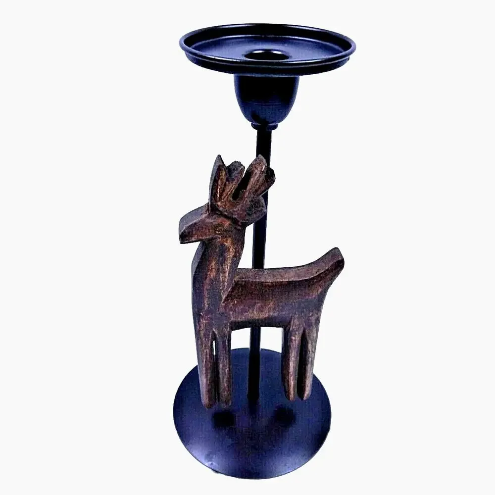 Christmas Reindeer Candle Holder Metal & Wood Rustic Mission 11