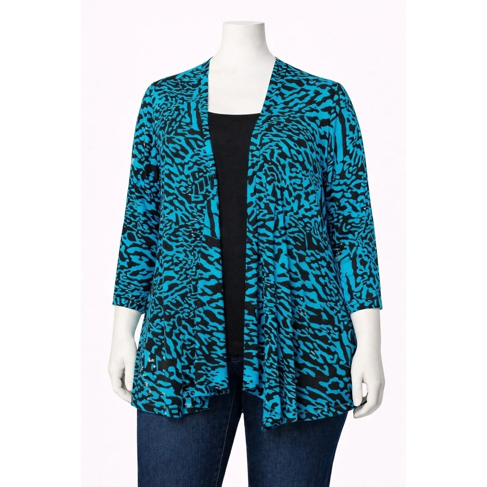 Susan‎ Graver Womens 3X Printed Liquid Knit Cascade Front Cardigan Sea Breeze
