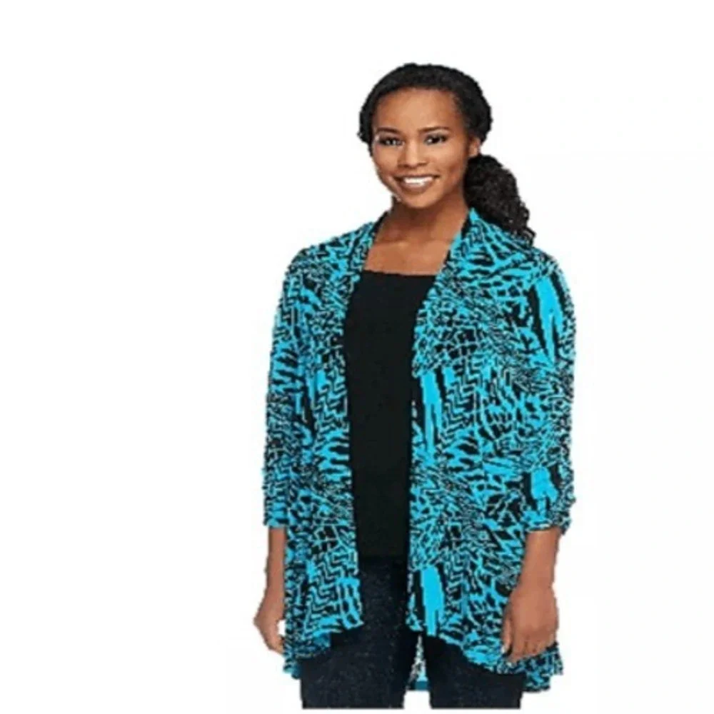 Susan‎ Graver Womens 3X Printed Liquid Knit Cascade Front Cardigan Sea Breeze
