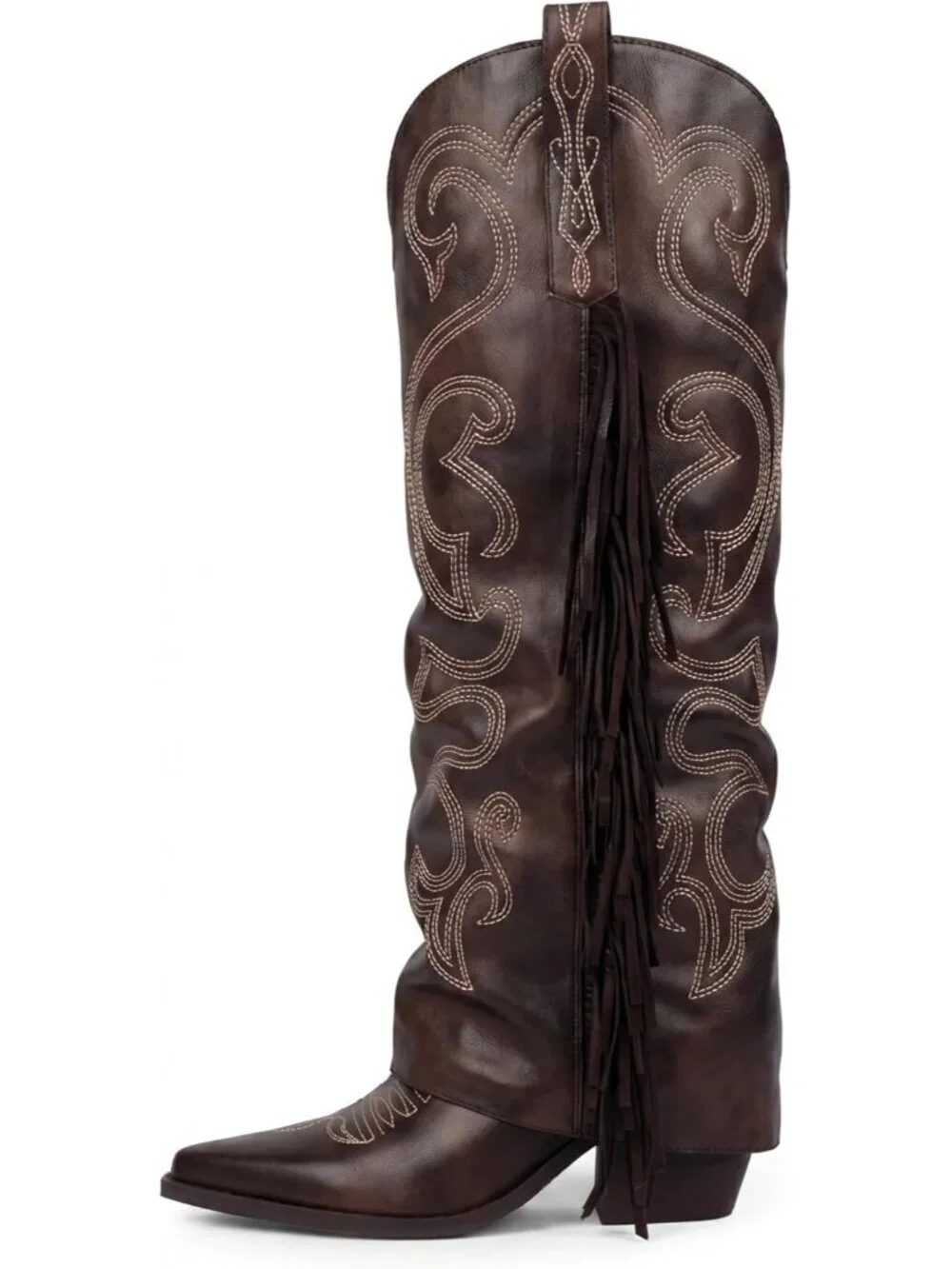 Women's Retro Brown Knee High Cowboy Boots Chunky Block High Heel Half Zipper