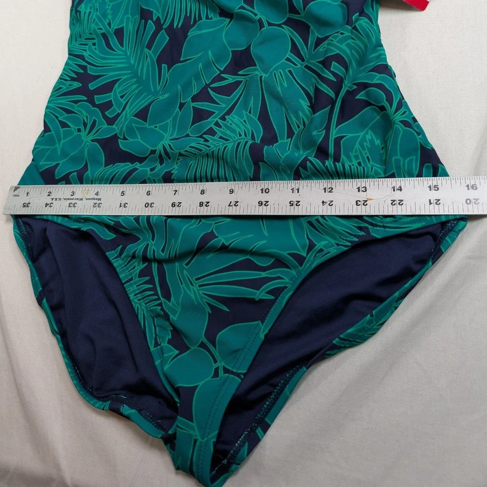 Lands' End Women One Piece Swimsuit M Green Tropical Palm High Neck 1748797