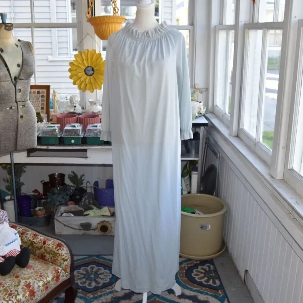 Vintage 70s Blue Prairie Nightgown Maxi Dress Ruffle Collar Boho L XL