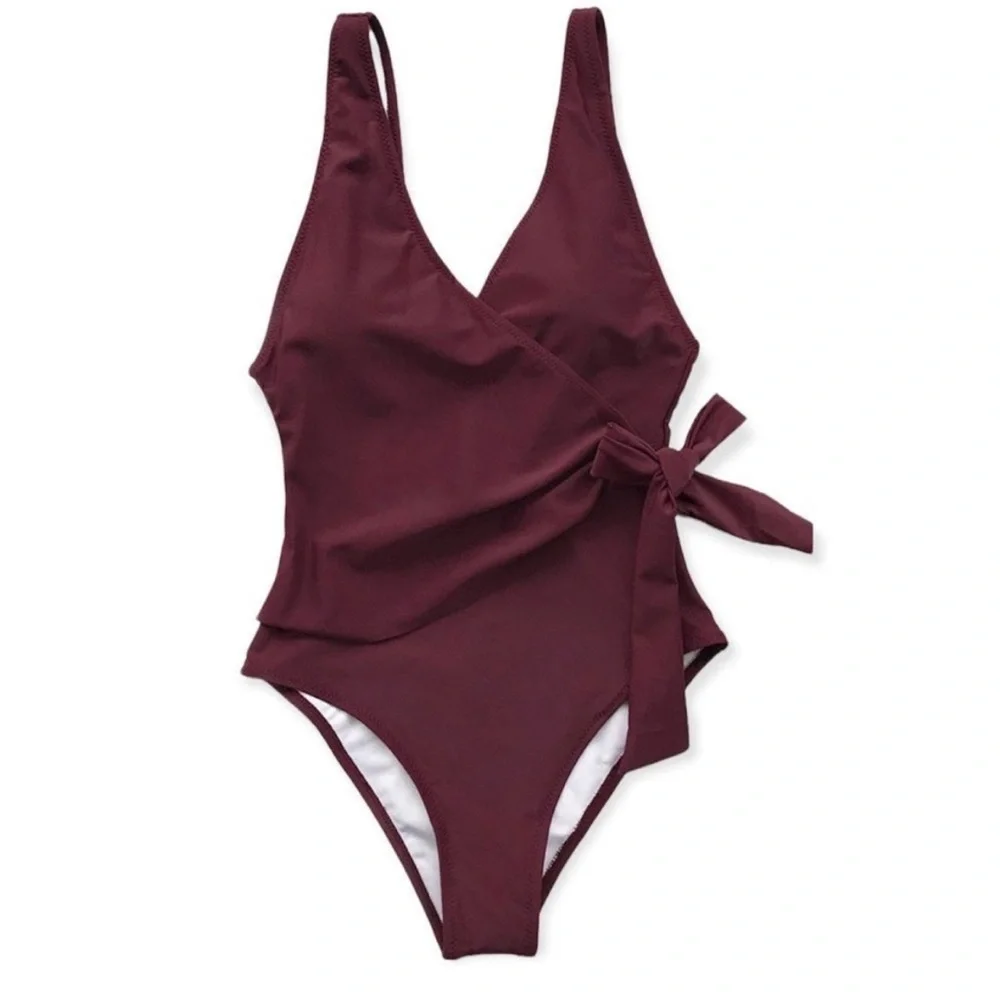 NWT Cupshe One Piece Swimsuit Wrap Side Tie Bathing Suit Size Large Burgundy