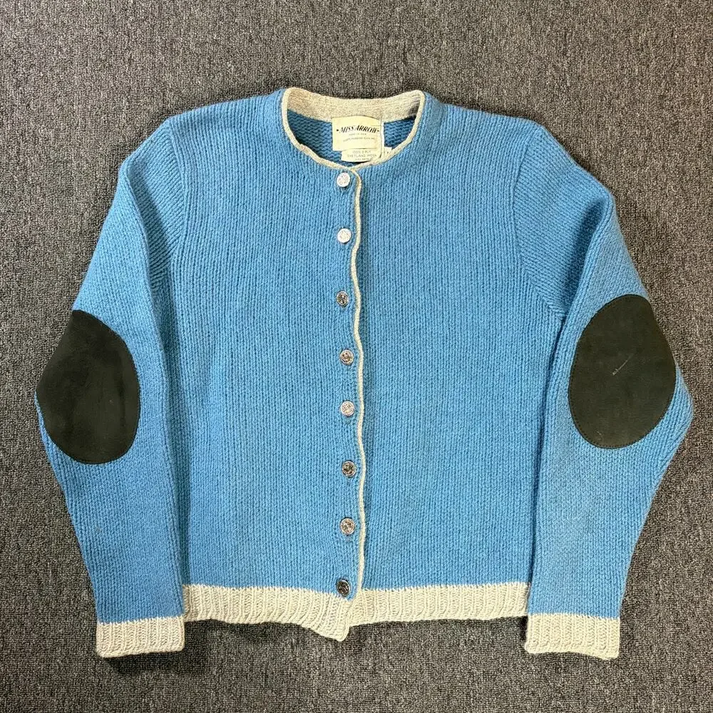 Vintage 40's 50's Miss Arrow Blue Wool Knit Longsleeve Cardigan Elbow Pads M