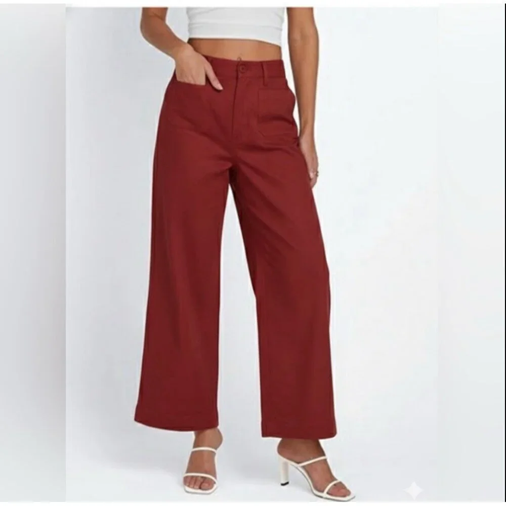 NEW LILLUSORY Linen Wide Leg Pants Sz 8/M Brick Red High Rise Cropped Trousers