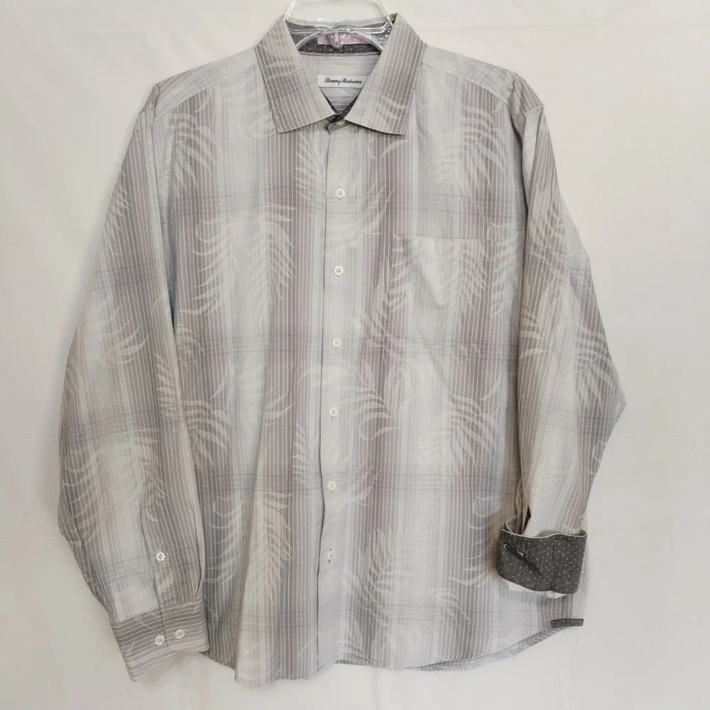 Tommy Bahama Shirt Mens Large Striped Cotton Silk Gray‎ Long Sleeve Flip Cuffs