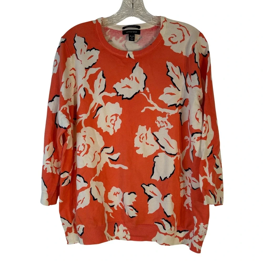 Lands' End Orange Floral Supima Cotton Sweater XL/P‎ 18 3/4 Sleeve Crewneck