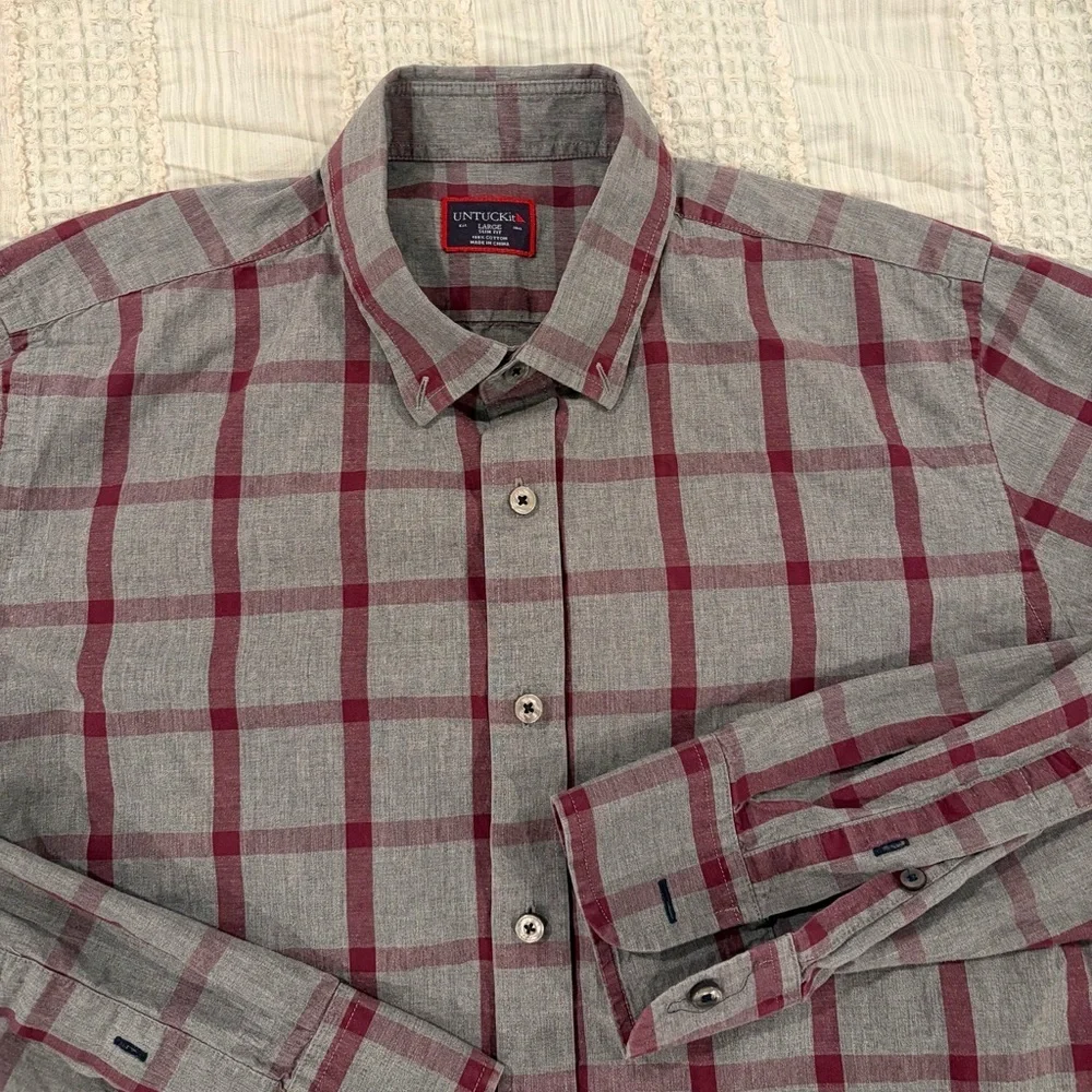 UNTUCKit Men’s Slim Fit Plaid Button Down Shirt Gray Burgundy‎ Large
