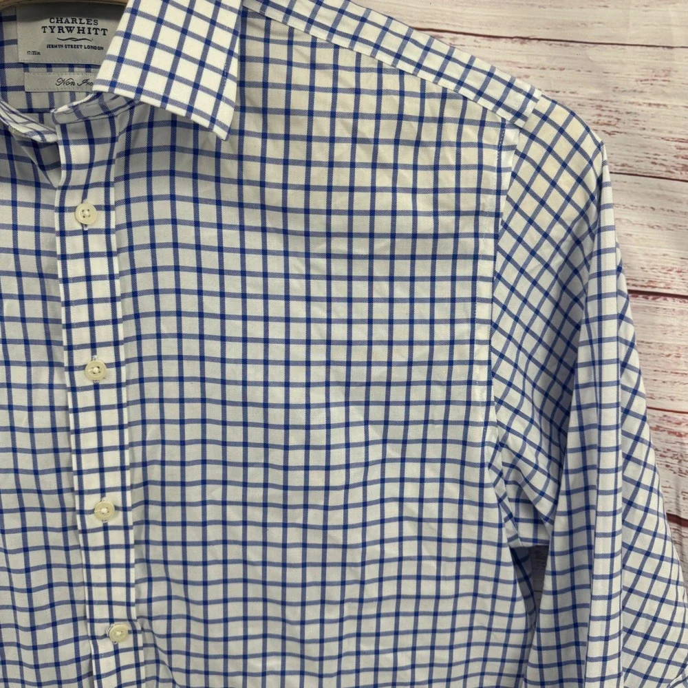 Charles Tyrwhitt Dress Shirt  Mens XL 17/35 Non Iron Blue White Tattersall Check