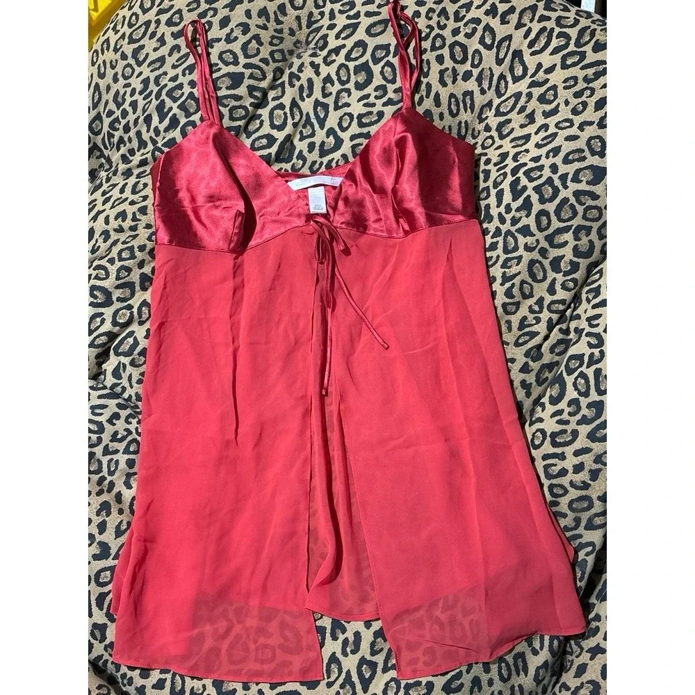 Victoria's Secret Vintage Red Satin & Sheer Short Chemise Lingerie Nightgown,‎ L