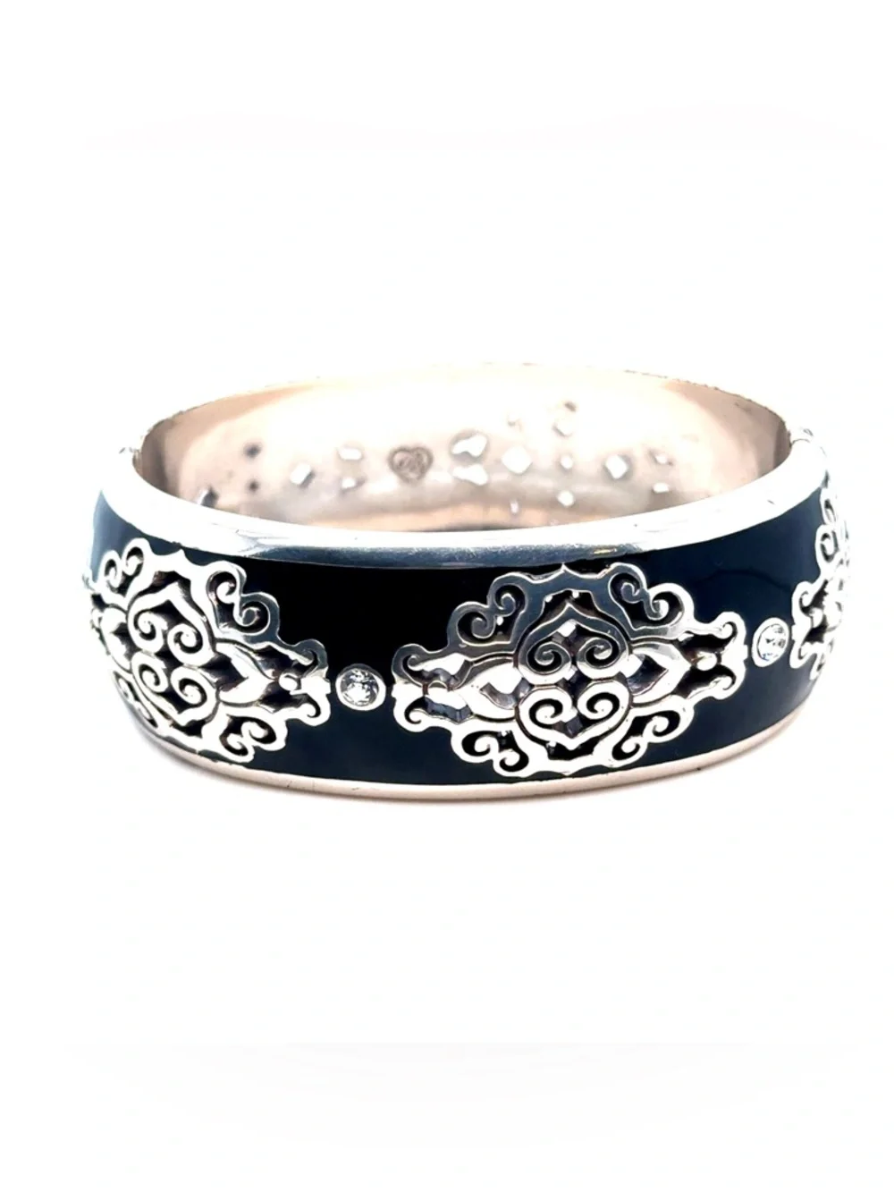 Brighton‎ Black Enamel Silver-Tone Filigree Bangle Bracelet