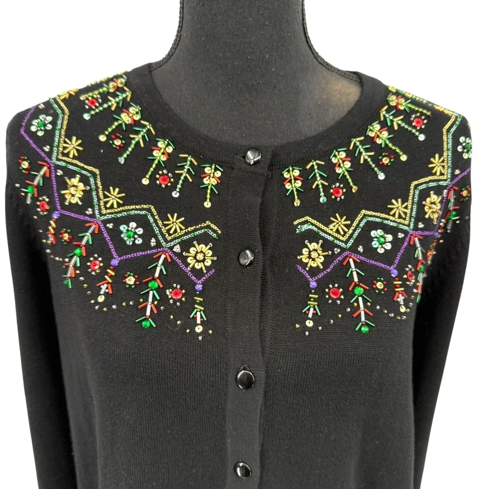 Design Originals Studio Women Cardigan Black Beaded‎ Embellished Sweater Cotton
