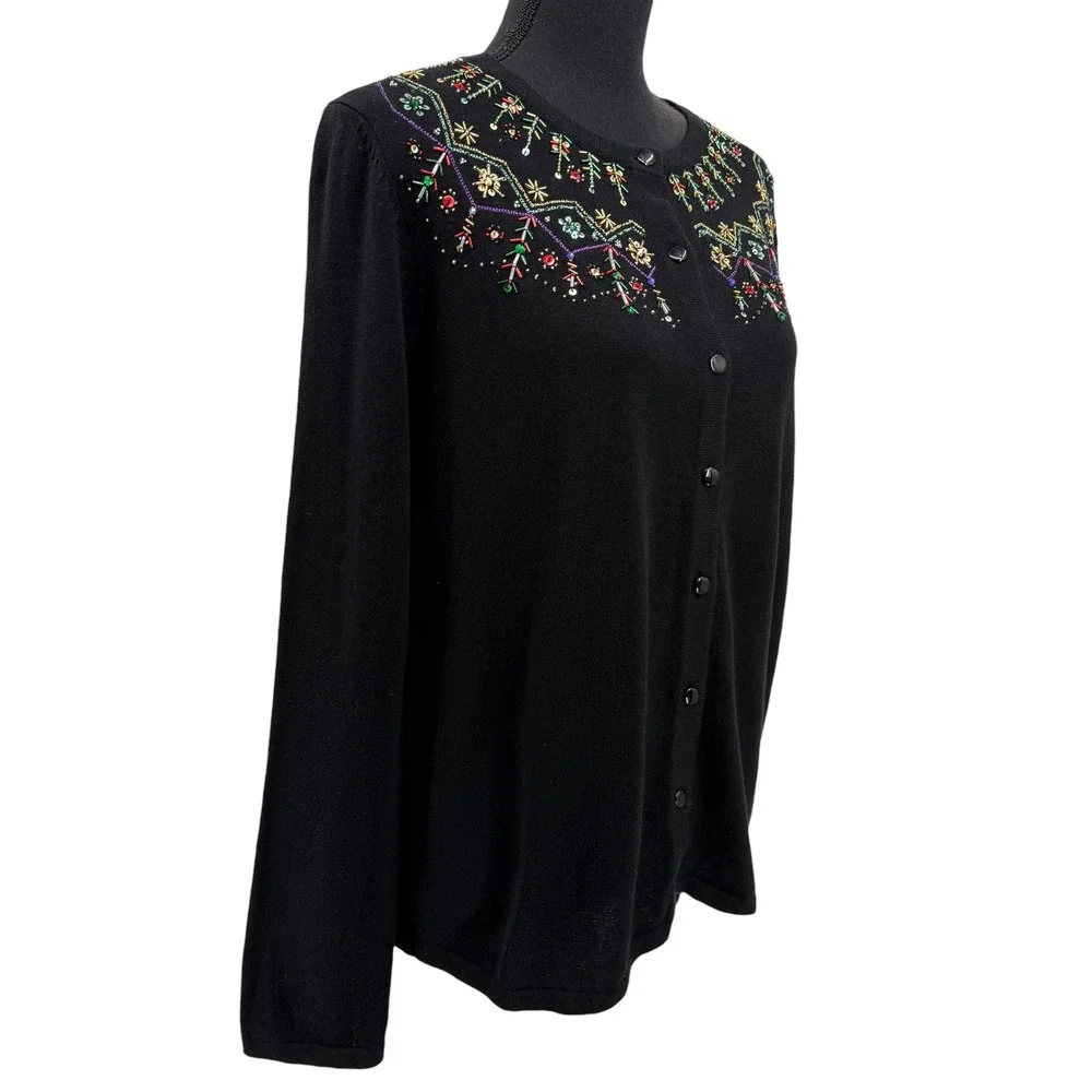 Design Originals Studio Women Cardigan Black Beaded‎ Embellished Sweater Cotton
