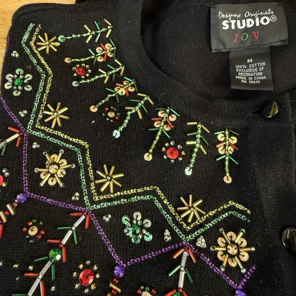 Design Originals Studio Women Cardigan Black Beaded‎ Embellished Sweater Cotton