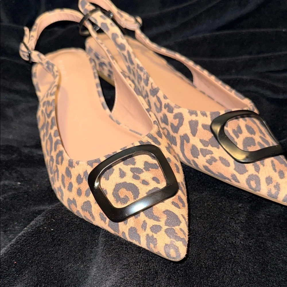 Nordstrom Leopard Print Pointed Slingback Flats with Decorative Metal Buckle
