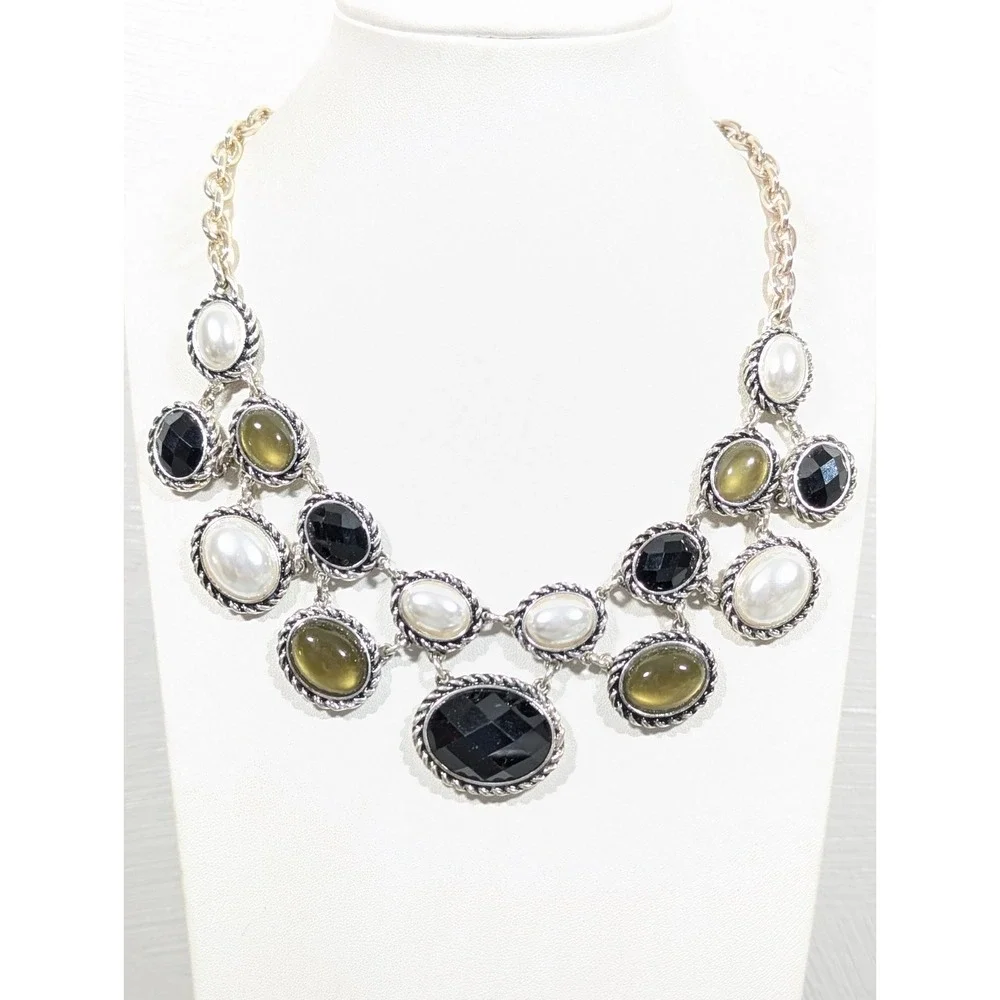 Classic Chic Rope‎ Faux Pearl Oval Cabochon Black Statement Neckalce Retro 19 in