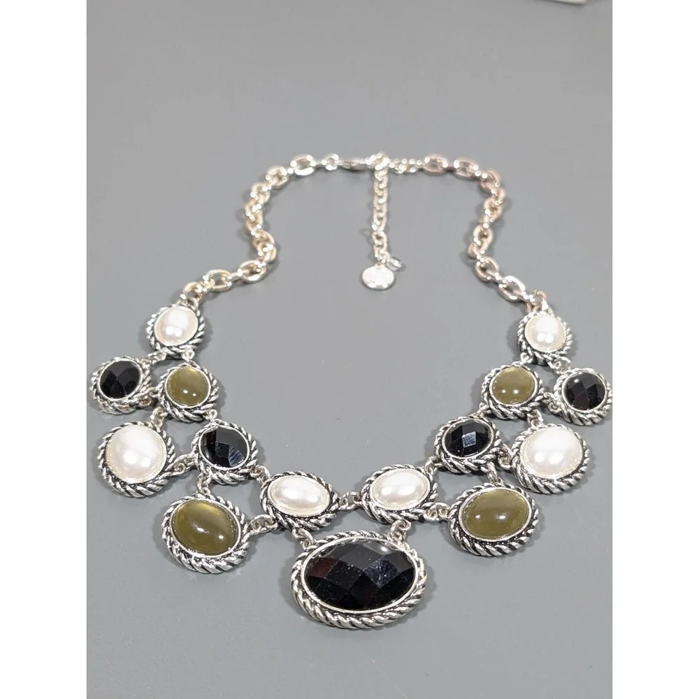 Classic Chic Rope‎ Faux Pearl Oval Cabochon Black Statement Neckalce Retro 19 in