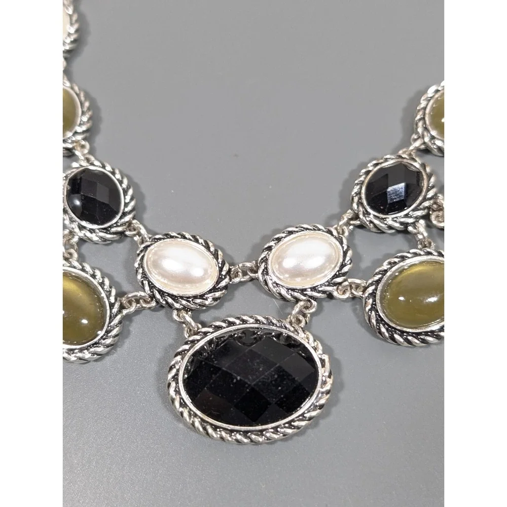 Classic Chic Rope‎ Faux Pearl Oval Cabochon Black Statement Neckalce Retro 19 in