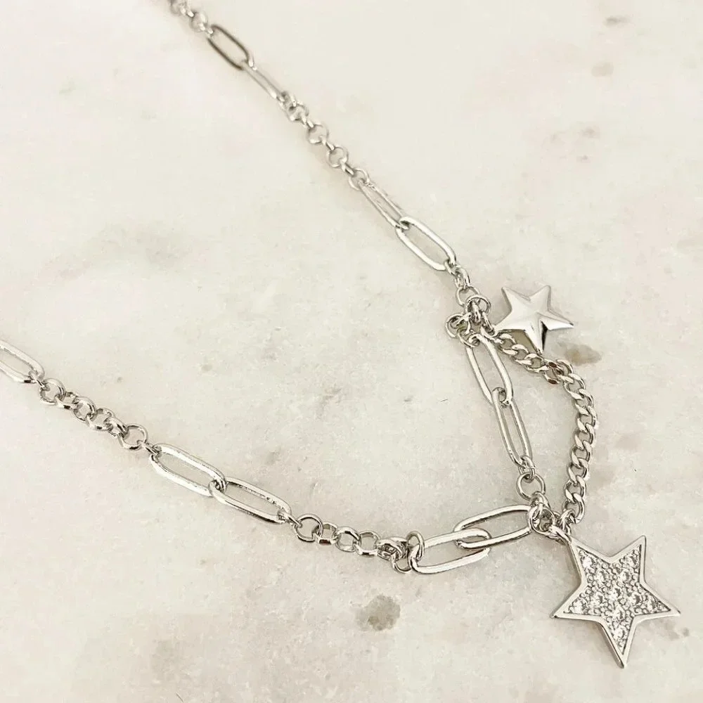 925 Sterling Silver Star Chain Link Necklace Dangle Chain Vintage Necklace