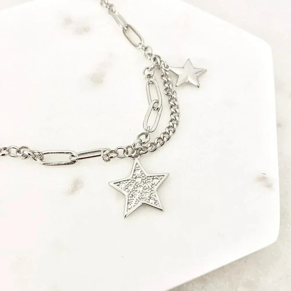 925 Sterling Silver Star Chain Link Necklace Dangle Chain Vintage Necklace