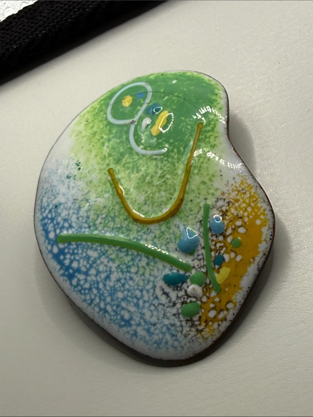 Vintage pastel Abstract Green & Blue enamel raised paint on copper pin brooch