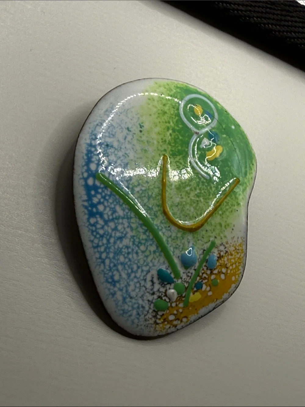 Vintage pastel Abstract Green & Blue enamel raised paint on copper pin brooch