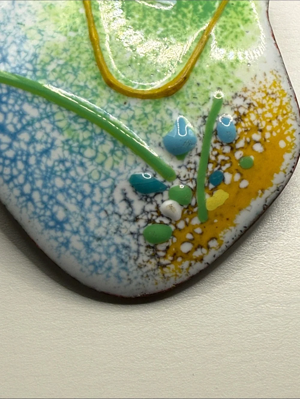 Vintage pastel Abstract Green & Blue enamel raised paint on copper pin brooch