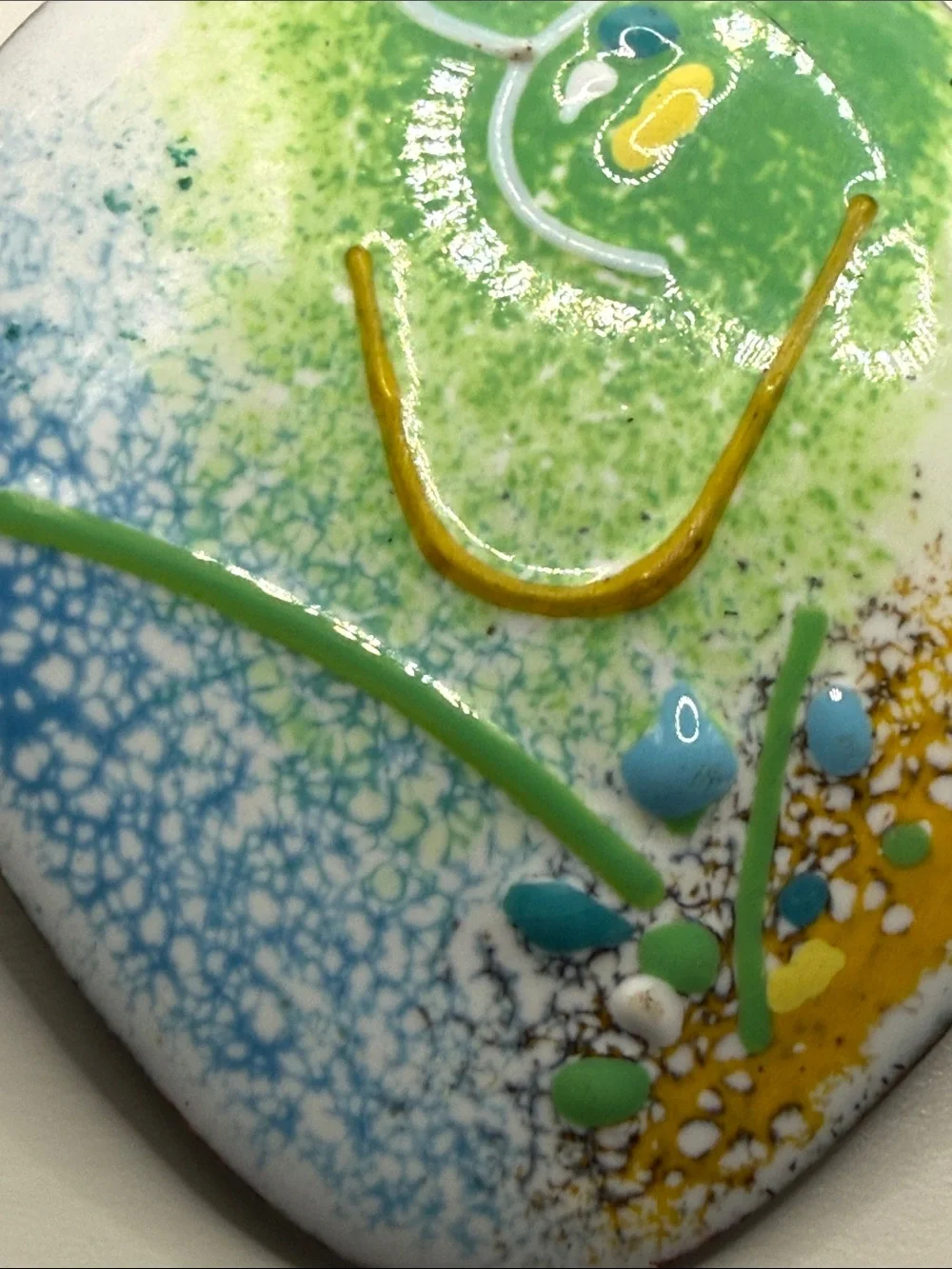 Vintage pastel Abstract Green & Blue enamel raised paint on copper pin brooch