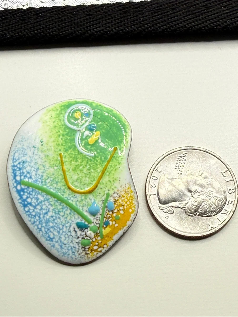 Vintage pastel Abstract Green & Blue enamel raised paint on copper pin brooch