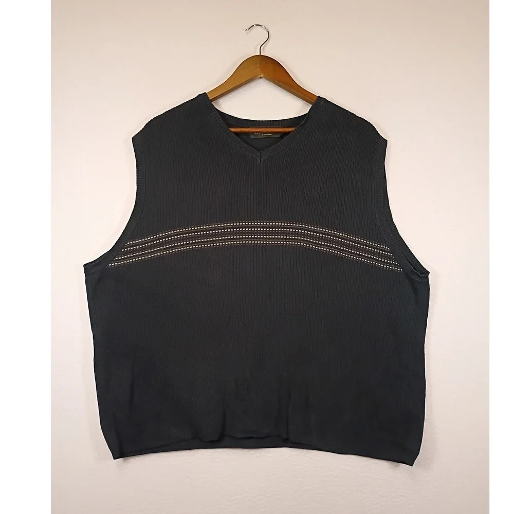 Dark Academia Brandini Mens Large Navy Blue Ribbed Cotton V-Neck Sweater Vest