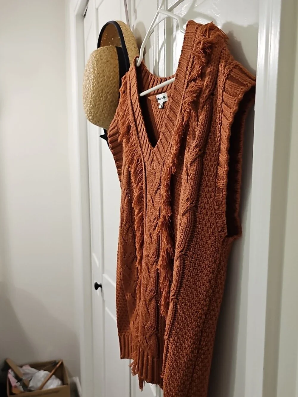 Vigoss Burnt Orange Fringe Cable V-Neck Sweater Vest